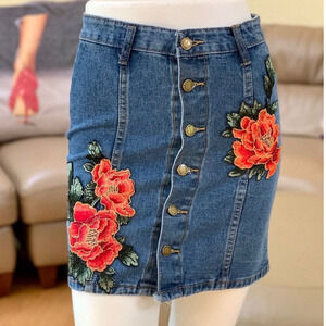 Falmer Heritage Flower Appliques Button Front Denim Skirt Size Small